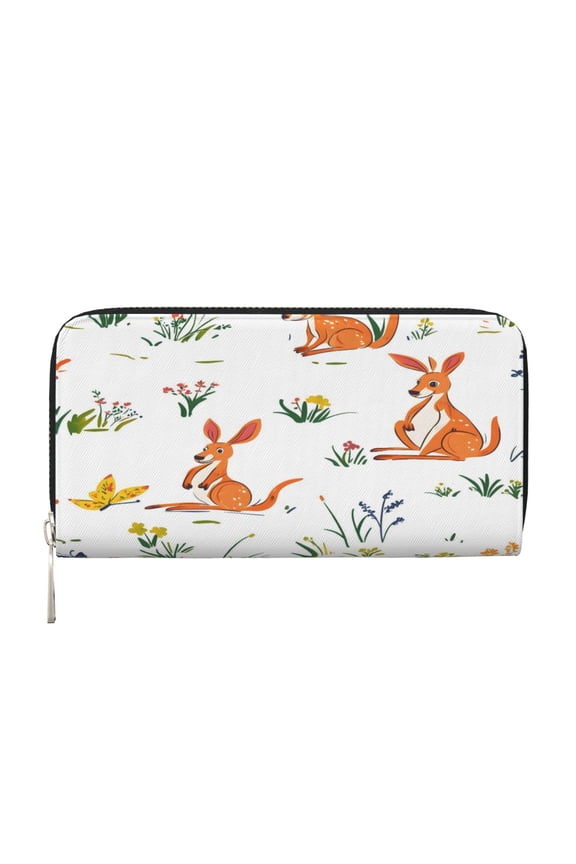 Leather Zipper Pocket Hand Wallet For Women And Men Travel Leather Purse Large Capacity Credit Card Holder Cartoon Kangaroo