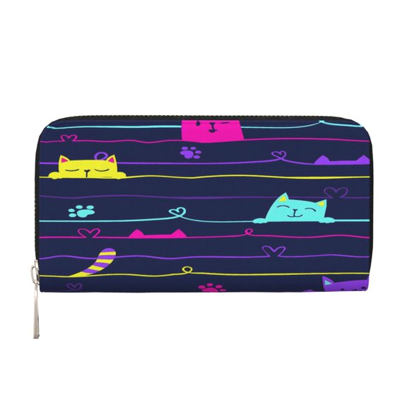 Leather Zipper Pocket Hand Wallet For Women And Men Travel Leather Purse Large Capacity Credit Card Holder Cat Lines