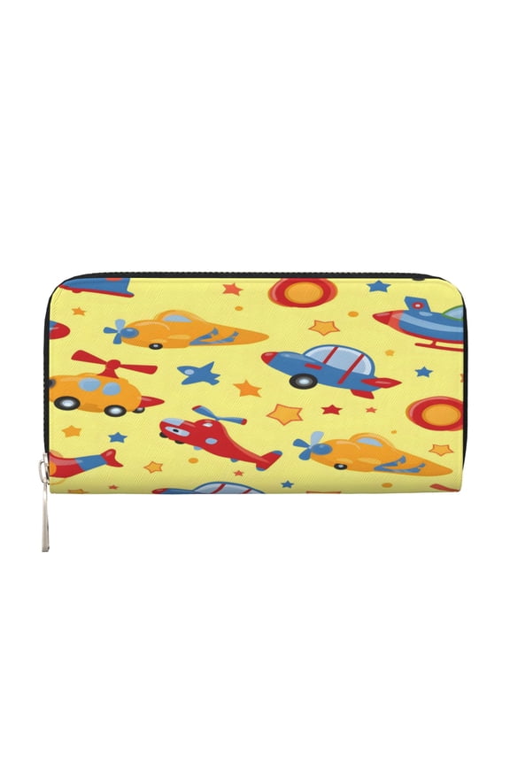 Leather Zipper Pocket Hand Wallet For Women And Men Travel Leather Purse Large Capacity Credit Card Holder Colorful Cartoon Toy Car Plane Helicopter