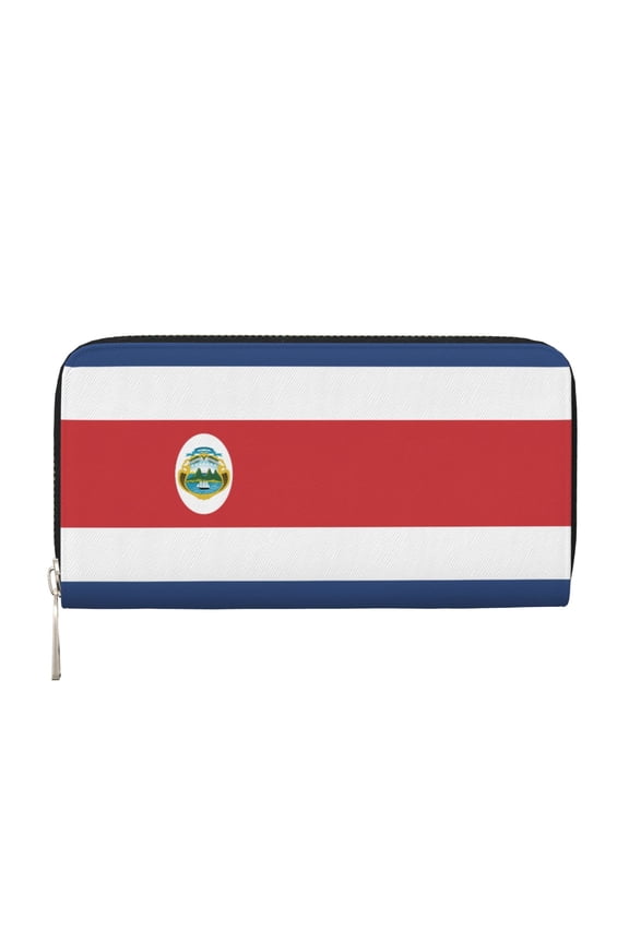 Leather Zipper Pocket Hand Wallet For Women And Men Travel Leather Purse Large Capacity Credit Card Holder Costa Rica Flag Blue Red