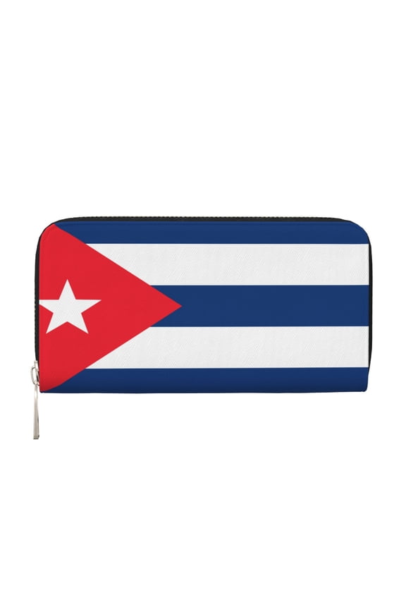Leather Zipper Pocket Hand Wallet For Women And Men Travel Leather Purse Large Capacity Credit Card Holder Cuba Flag Cuban National Blue And Red
