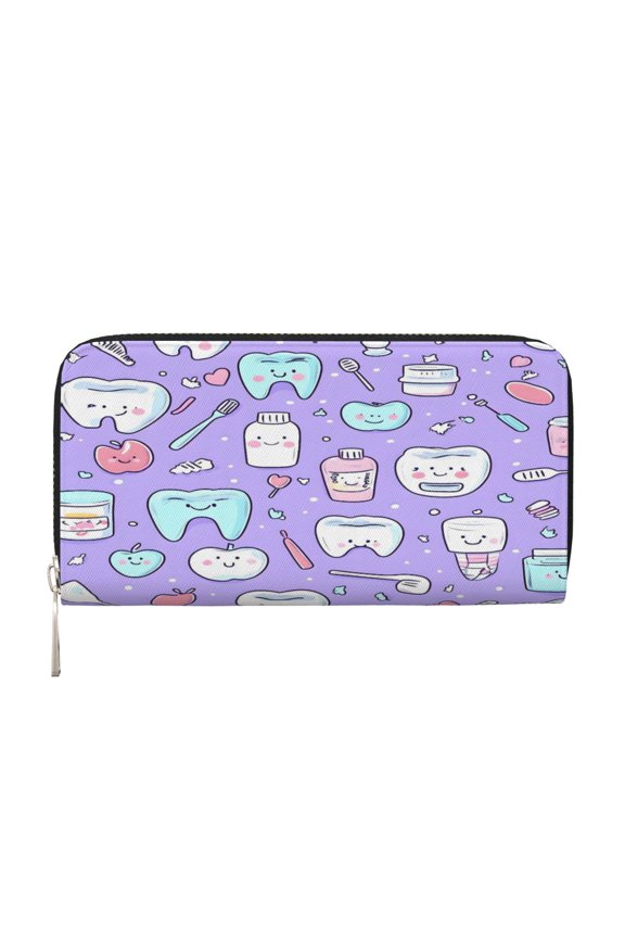 Leather Zipper Pocket Hand Wallet For Women And Men Travel Leather Purse Large Capacity Credit Card Holder Cute Teeth And Objects Dental Care