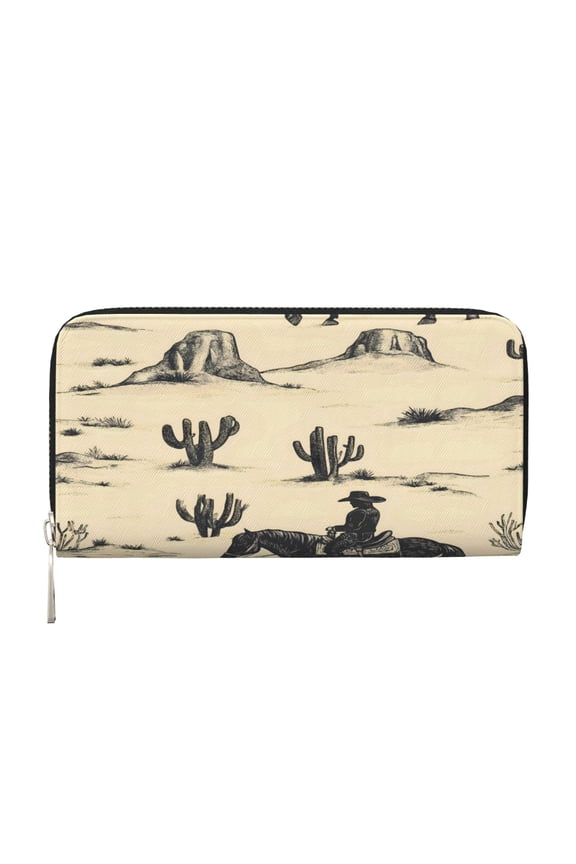 Leather Zipper Pocket Hand Wallet For Women And Men Travel Leather Purse Large Capacity Credit Card Holder Desert Cow Riding A Cactus