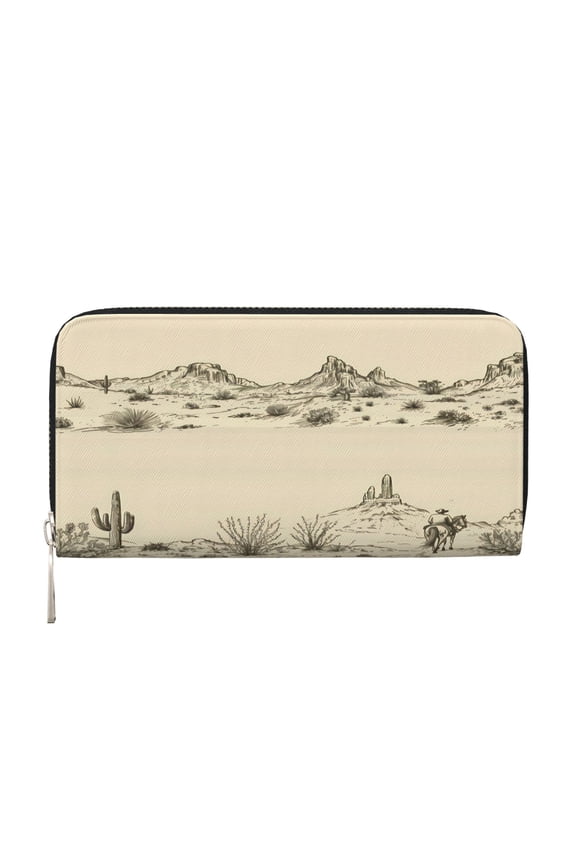 Leather Zipper Pocket Hand Wallet For Women And Men Travel Leather Purse Large Capacity Credit Card Holder Desert Landscape Mountains Cacti Cow (1)