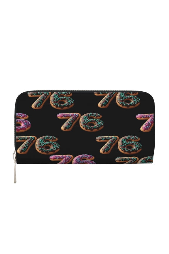 Leather Zipper Pocket Hand Wallet For Women And Men Travel Leather Purse Large Capacity Credit Card Holder Donut Number 76 Pattern