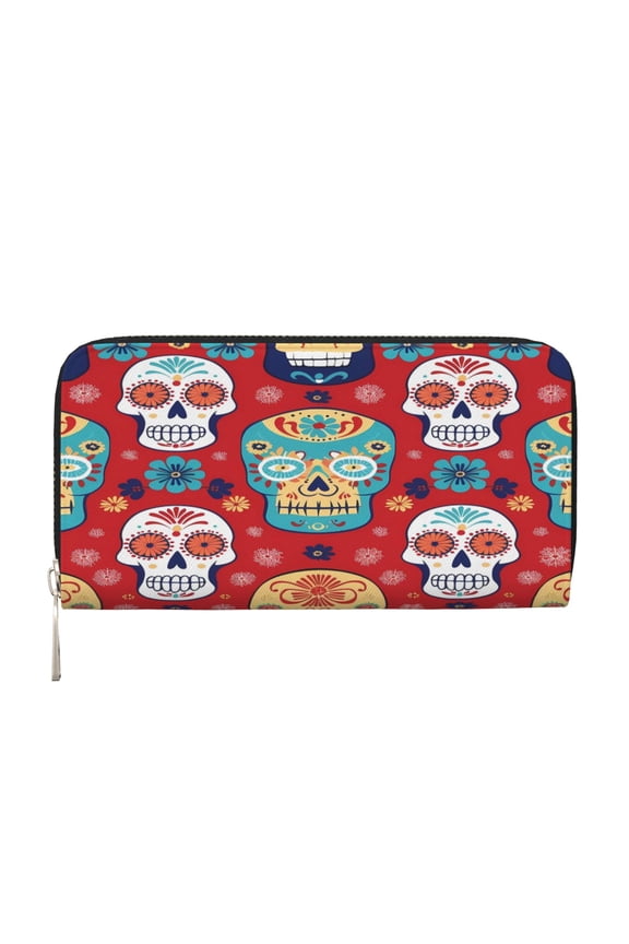 Leather Zipper Pocket Hand Wallet For Women And Men Travel Leather Purse Large Capacity Credit Card Holder Festive Cute Sugar Skulls (1)