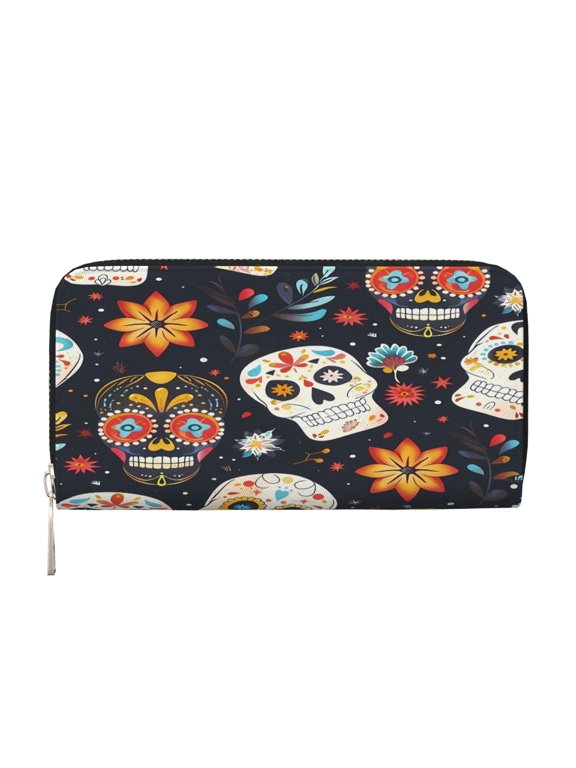 Leather Zipper Pocket Hand Wallet For Women And Men Travel Leather Purse Large Capacity Credit Card Holder Festive Cute Sugar Skulls (3)