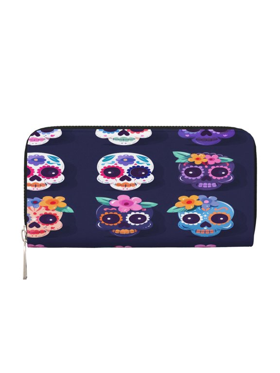 Leather Zipper Pocket Hand Wallet For Women And Men Travel Leather Purse Large Capacity Credit Card Holder Festive Cute Sugar Skulls (7)