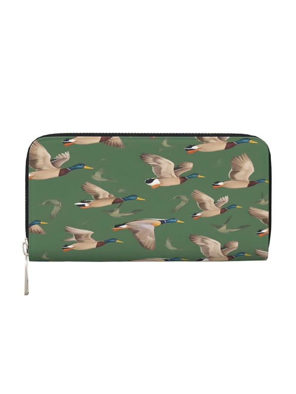 Leather Zipper Pocket Hand Wallet For Women And Men Travel Leather Purse Large Capacity Credit Card Holder Flying Mallard Ducks