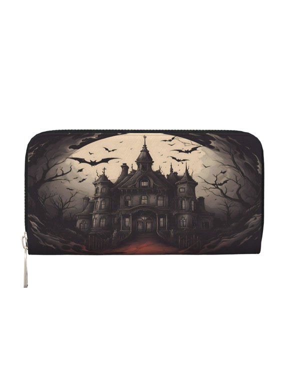 Leather Zipper Pocket Hand Wallet For Women And Men Travel Leather Purse Large Capacity Credit Card Holder Halloween Castle Bat
