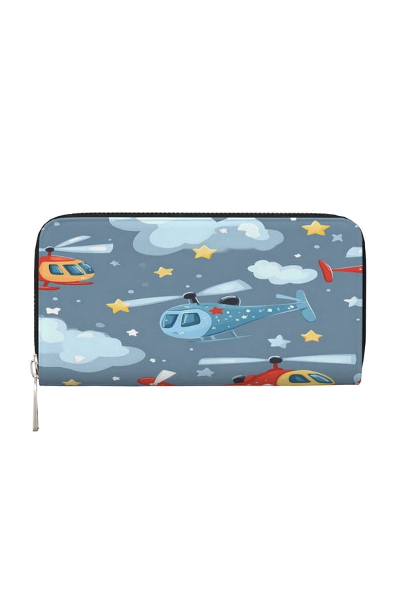 Leather Zipper Pocket Hand Wallet For Women And Men Travel Leather Purse Large Capacity Credit Card Holder Helicopter