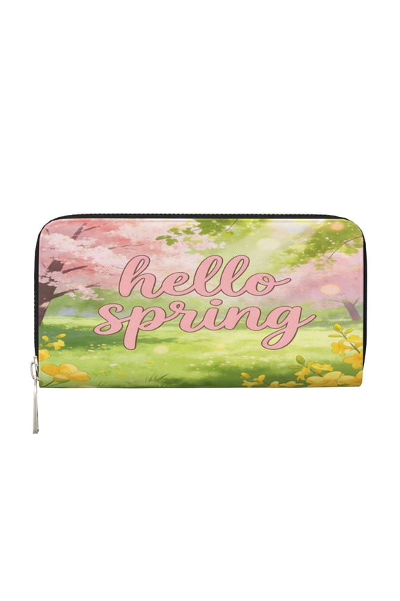 Leather Zipper Pocket Hand Wallet For Women And Men Travel Leather Purse Large Capacity Credit Card Holder Hello Spring Theme (1)