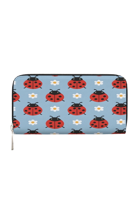 Leather Zipper Pocket Hand Wallet For Women And Men Travel Leather Purse Large Capacity Credit Card Holder Ladybug And Daisy