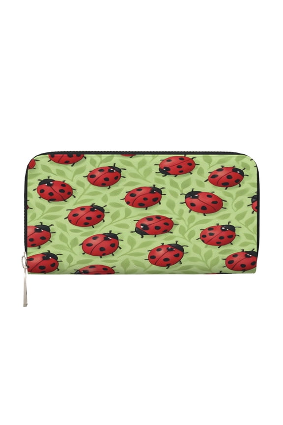 Leather Zipper Pocket Hand Wallet For Women And Men Travel Leather Purse Large Capacity Credit Card Holder Ladybug Leaf