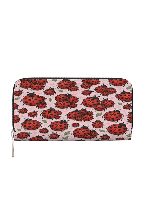Leather Zipper Pocket Hand Wallet For Women And Men Travel Leather Purse Large Capacity Credit Card Holder Ladybug Leaves
