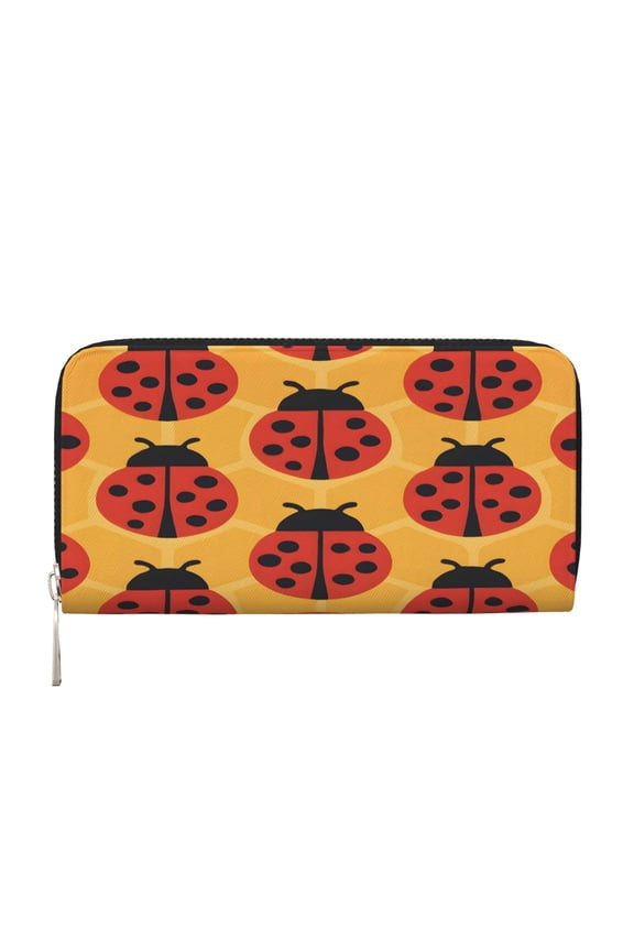 Leather Zipper Pocket Hand Wallet For Women And Men Travel Leather Purse Large Capacity Credit Card Holder Ladybug On An Orange Background