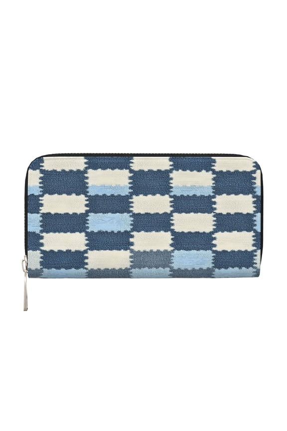 Leather Zipper Pocket Hand Wallet For Women And Men Travel Leather Purse Large Capacity Credit Card Holder Lightsteelblue Retro Houndstooth_4