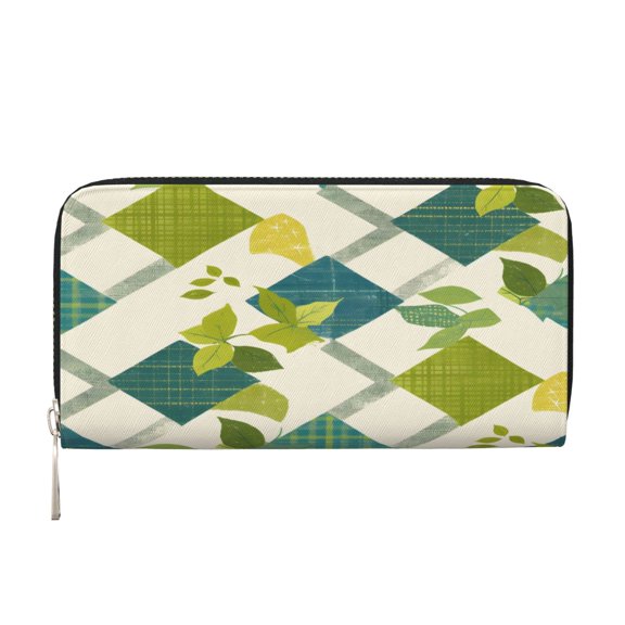 Leather Zipper Pocket Hand Wallet For Women And Men Travel Leather Purse Large Capacity Credit Card Holder Lime Houndstooth Hand-Drawn Sketch_2