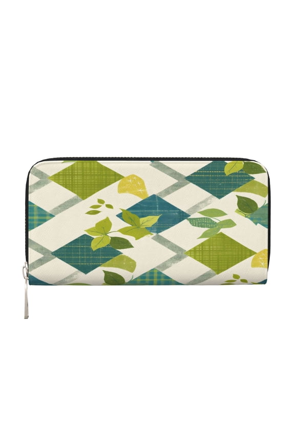 Leather Zipper Pocket Hand Wallet For Women And Men Travel Leather Purse Large Capacity Credit Card Holder Lime Houndstooth Hand-Drawn Sketch_2