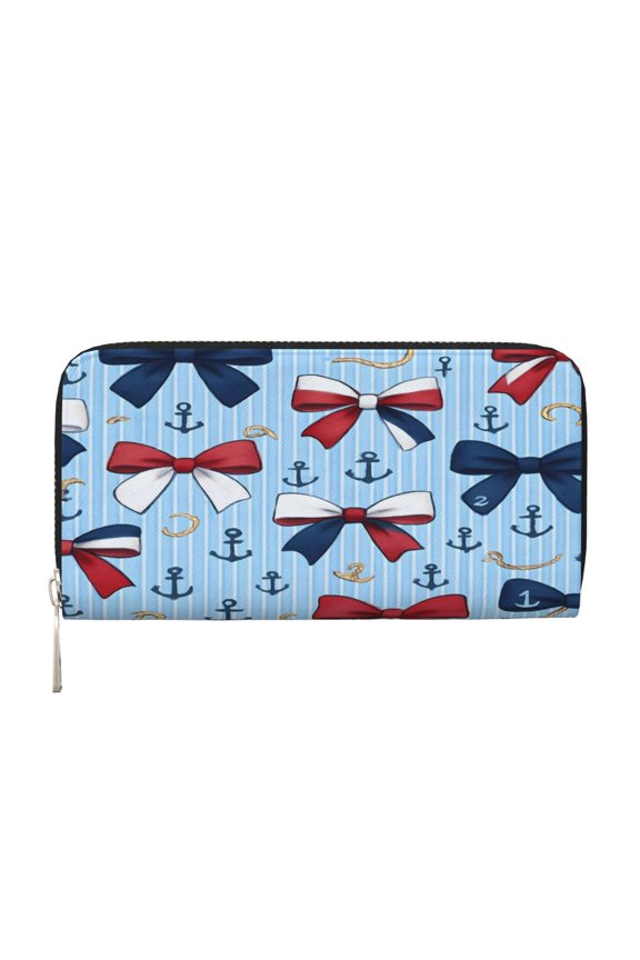 Leather Zipper Pocket Hand Wallet For Women And Men Travel Leather Purse Large Capacity Credit Card Holder Nautical Theme Ribbon Bow Pattern
