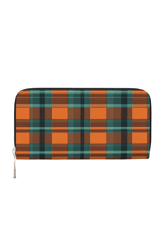 Leather Zipper Pocket Hand Wallet For Women And Men Travel Leather Purse Large Capacity Credit Card Holder Orange And Blue Checkered Pattern