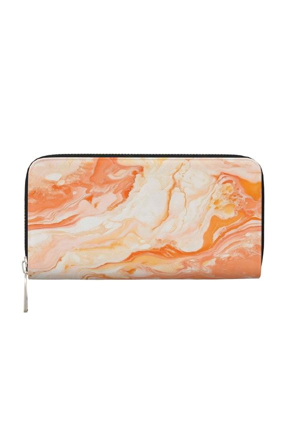 Leather Zipper Pocket Hand Wallet For Women And Men Travel Leather Purse Large Capacity Credit Card Holder Peachpuff Marble_1