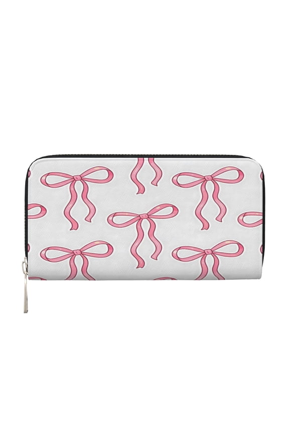 Leather Zipper Pocket Hand Wallet For Women And Men Travel Leather Purse Large Capacity Credit Card Holder Pink Bow