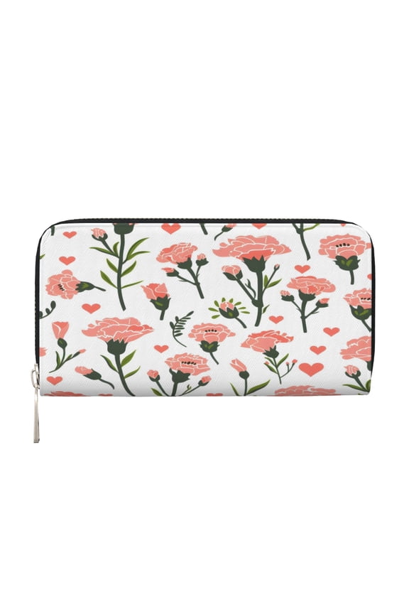 Leather Zipper Pocket Hand Wallet For Women And Men Travel Leather Purse Large Capacity Credit Card Holder Pink Carnation Flowers Small Love Hearts