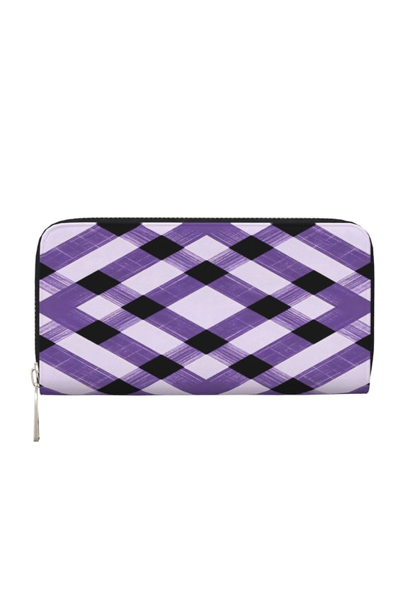 Leather Zipper Pocket Hand Wallet For Women And Men Travel Leather Purse Large Capacity Credit Card Holder Purple And White Checkered Pattern