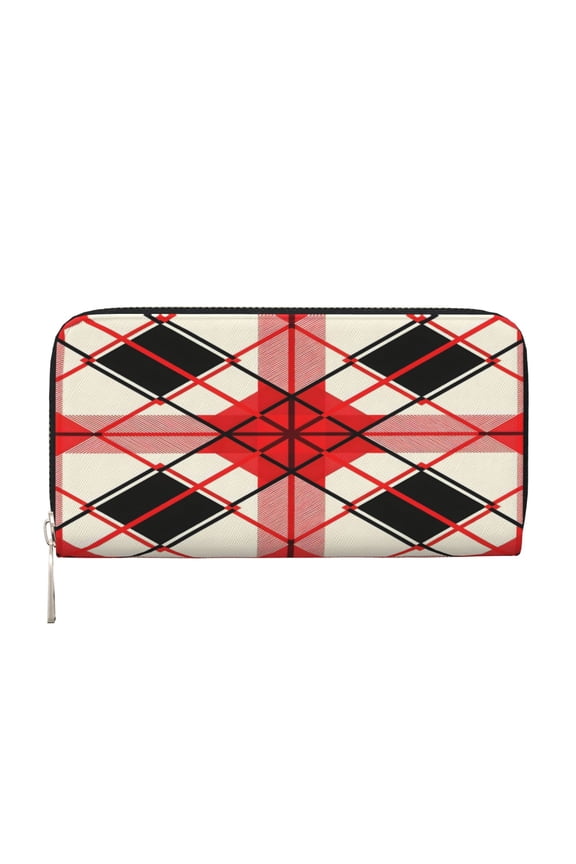 Leather Zipper Pocket Hand Wallet For Women And Men Travel Leather Purse Large Capacity Credit Card Holder Red And Black Checkered Pattern (10)
