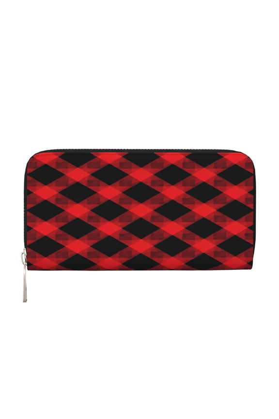 Leather Zipper Pocket Hand Wallet For Women And Men Travel Leather Purse Large Capacity Credit Card Holder Red And Black Checkered Pattern (3)