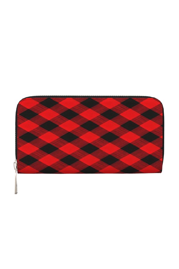 Leather Zipper Pocket Hand Wallet For Women And Men Travel Leather Purse Large Capacity Credit Card Holder Red And Black Checkered Pattern (6)