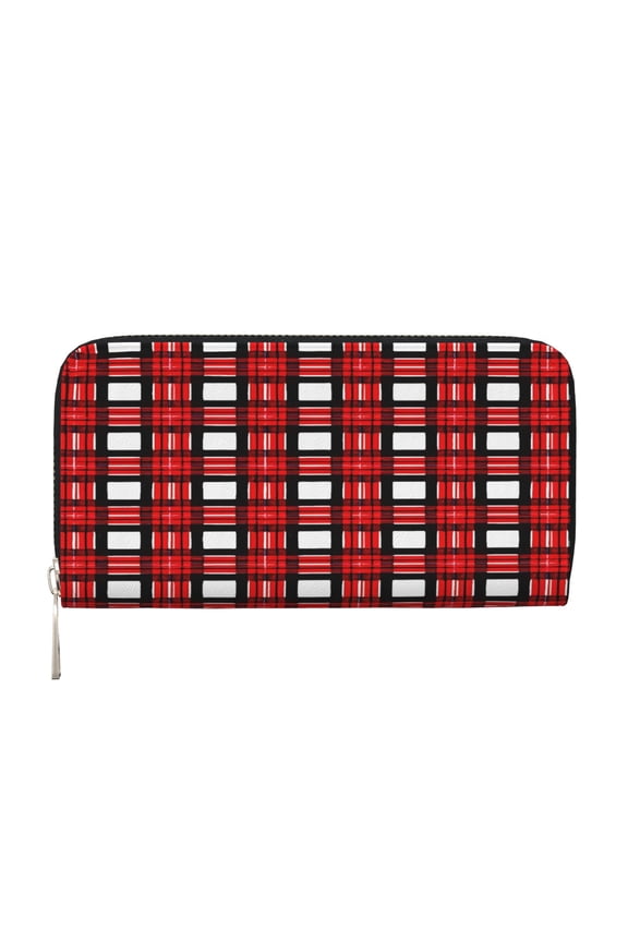 Leather Zipper Pocket Hand Wallet For Women And Men Travel Leather Purse Large Capacity Credit Card Holder Red And Black Checkered Pattern (7)