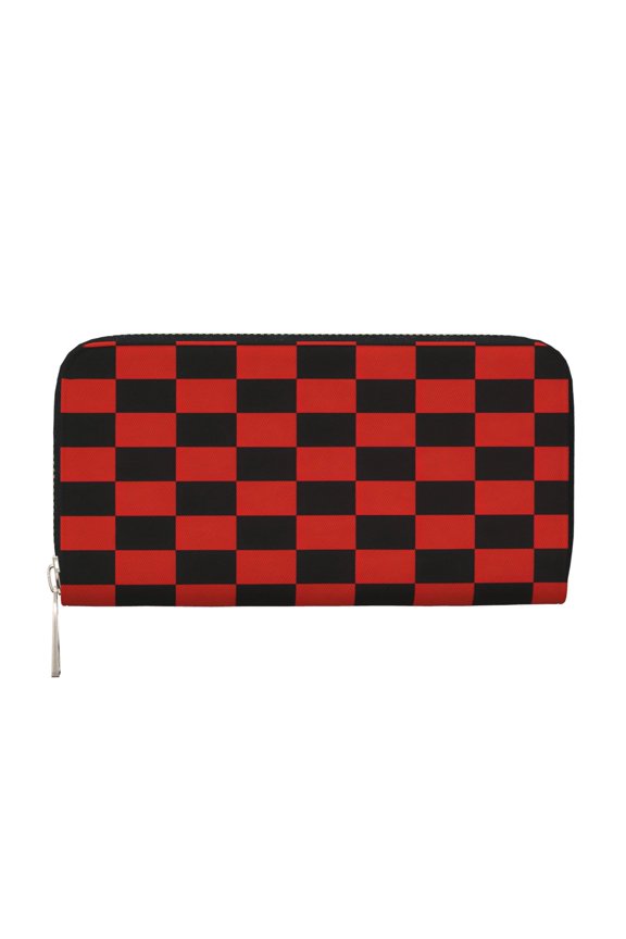 Leather Zipper Pocket Hand Wallet For Women And Men Travel Leather Purse Large Capacity Credit Card Holder Red And Black Checkered Pattern (8)