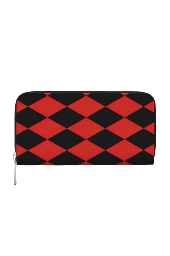 Leather Zipper Pocket Hand Wallet For Women And Men Travel Leather Purse Large Capacity Credit Card Holder Red And Black Checkered Pattern (9)