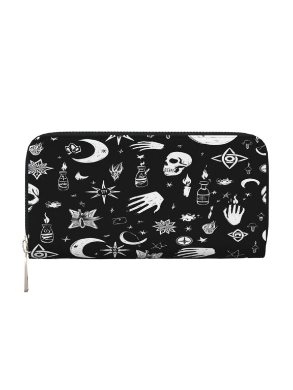 Leather Zipper Pocket Hand Wallet For Women And Men Travel Leather Purse Large Capacity Credit Card Holder Retro Skull Head