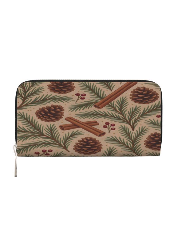 Leather Zipper Pocket Hand Wallet For Women And Men Travel Leather Purse Large Capacity Credit Card Holder Rustic Pine And Pinecone Pattern