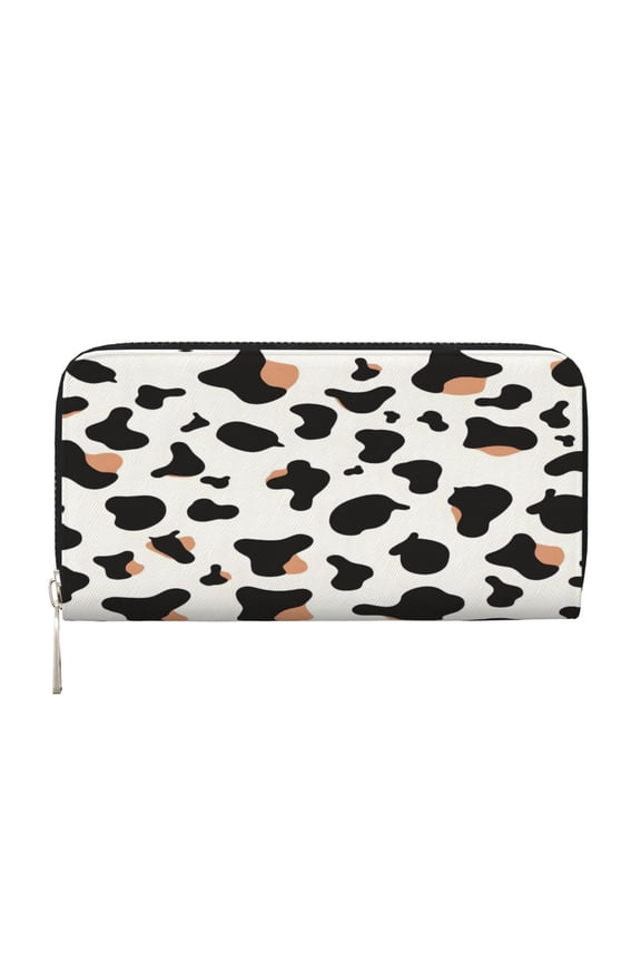 Leather Zipper Pocket Hand Wallet For Women And Men Travel Leather Purse Large Capacity Credit Card Holder Simple Cow Print Pattern1_1