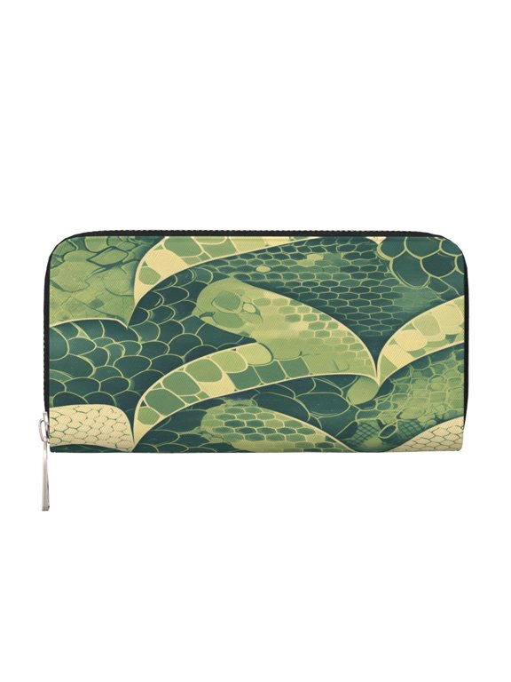 Leather Zipper Pocket Hand Wallet For Women And Men Travel Leather Purse Large Capacity Credit Card Holder Snake Skin Print Style Lightgreen_3