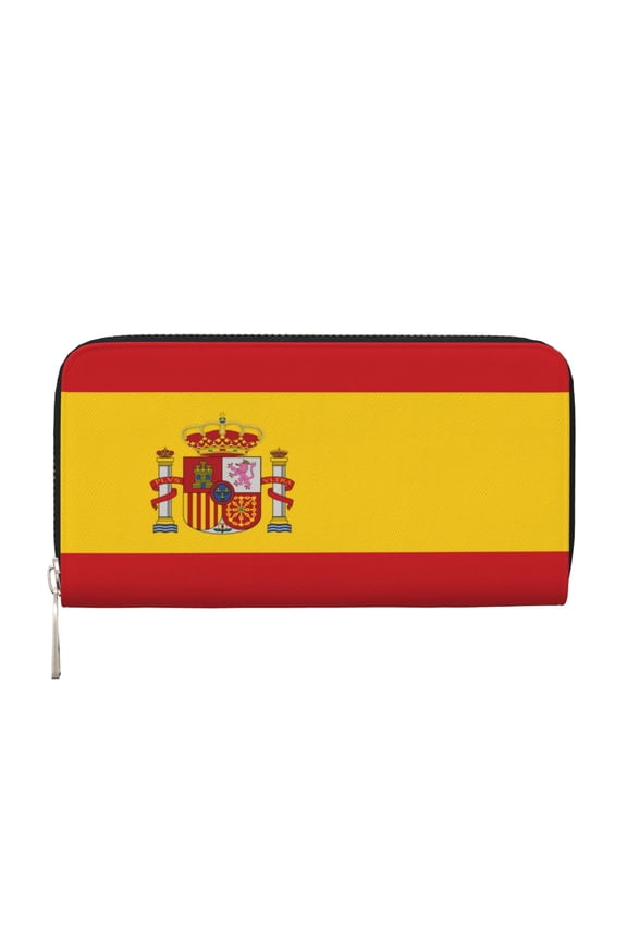 Leather Zipper Pocket Hand Wallet For Women And Men Travel Leather Purse Large Capacity Credit Card Holder Spain Flag