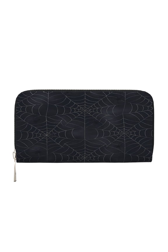 Leather Zipper Pocket Hand Wallet For Women And Men Travel Leather Purse Large Capacity Credit Card Holder Spider Web Halloween Pattern