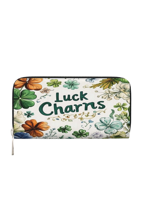 Leather Zipper Pocket Hand Wallet For Women And Men Travel Leather Purse Large Capacity Credit Card Holder St.Patricks Luck Charms