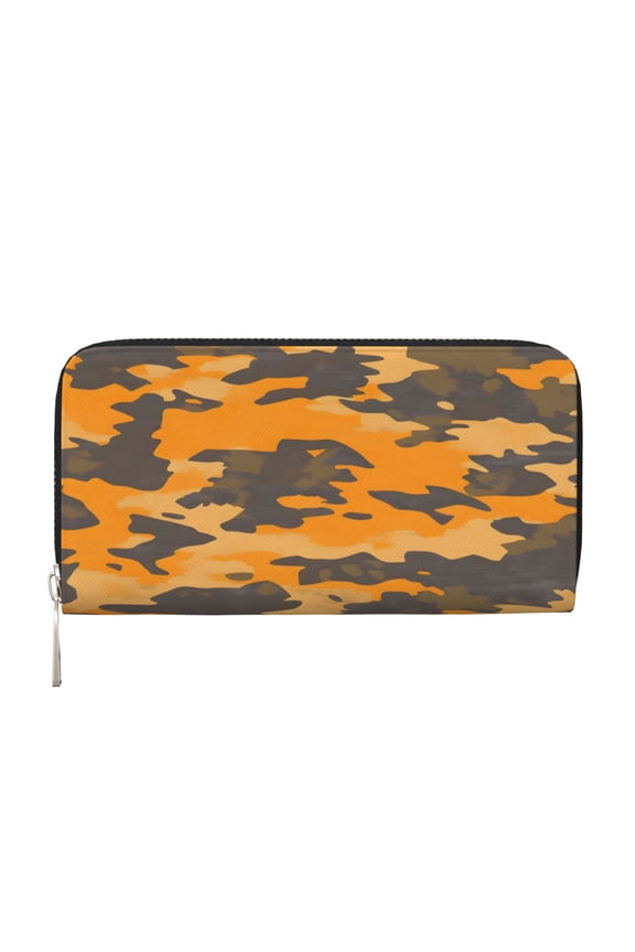 Leather Zipper Pocket Hand Wallet For Women And Men Travel Leather Purse Large Capacity Credit Card Holder Texture Camo Army Orange_2
