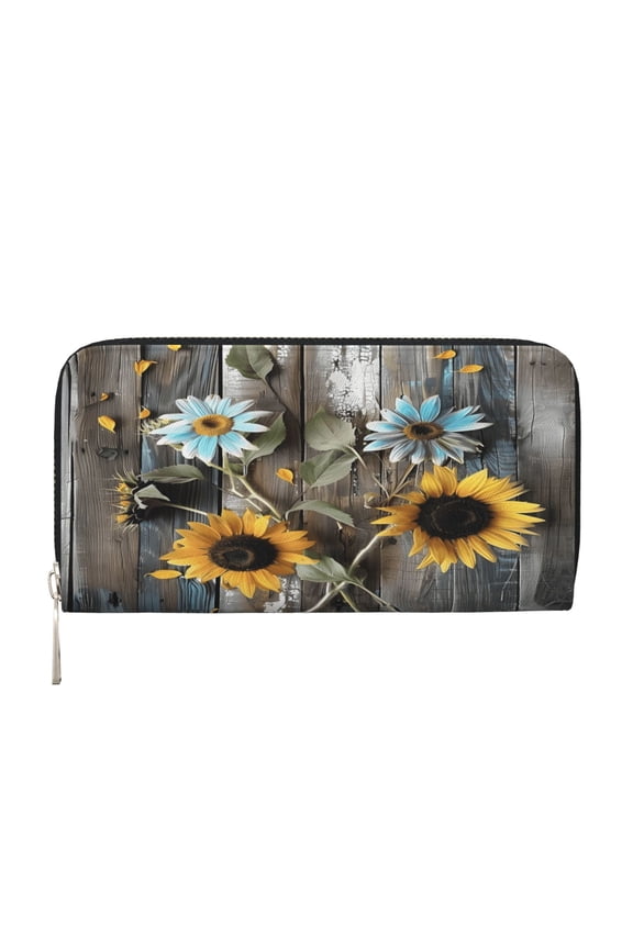 Leather Zipper Pocket Hand Wallet For Women And Men Travel Leather Purse Large Capacity Credit Card Holder Turquoise Wood Farmhouse Sunflowers (1)