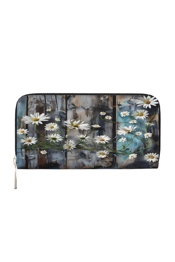 Leather Zipper Pocket Hand Wallet For Women And Men Travel Leather Purse Large Capacity Credit Card Holder Turquoise Wood Farmhouse Sunflowers (2)