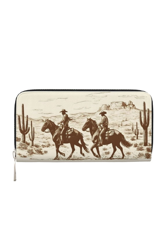 Leather Zipper Pocket Hand Wallet For Women And Men Travel Leather Purse Large Capacity Credit Card Holder Two Cow Riding Horses