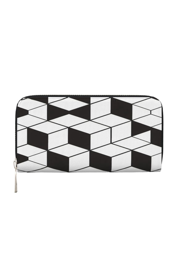 Leather Zipper Pocket Hand Wallet For Women And Men Travel Leather Purse Large Capacity Credit Card Holder White And Black Checkered Pattern (3)