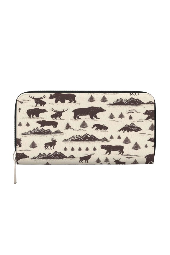 Leather Zipper Pocket Hand Wallet For Women And Men Travel Leather Purse Large Capacity Credit Card Holder Wildland Mountain Animals