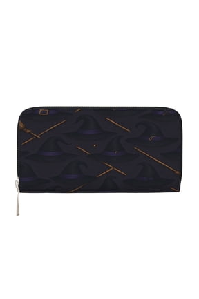 Leather Zipper Pocket Hand Wallet For Women And Men Travel Leather Purse Large Capacity Credit Card Holder Witch Hat And Broomstick Halloween Pattern