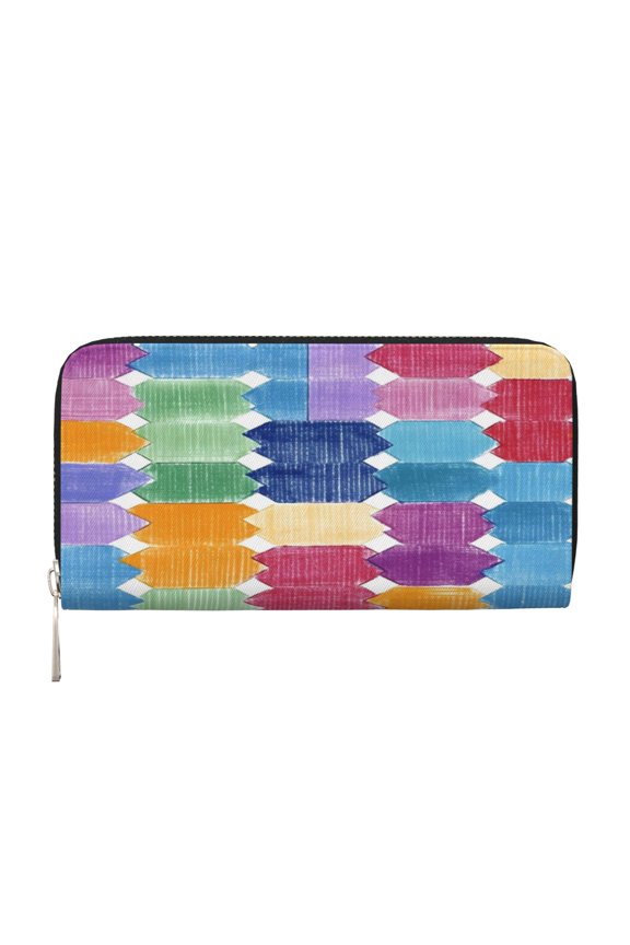 Leather Zipper Pocket Hand Wallet For Women And Men Travel Leather Purse Large Capacity Credit Card Holder Aliceblue Colorful Houndstooth Hand-Drawn Sketch_1